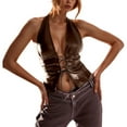thumbnail image 2 of Bustier Tops for Women Pu Leather Lace Up Deep V Neck Backless Halter Crop Top Rave Outfits, 2 of 5