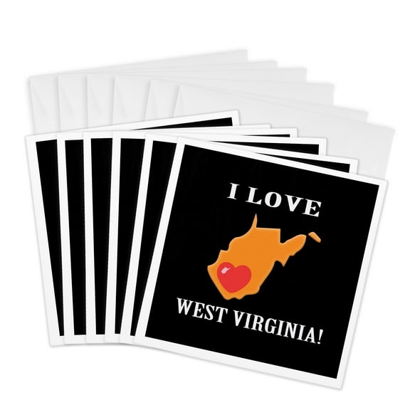 3drose, I Love West Virginia with a Heart on the State, Orange, Black, and Red, 6 Greeting Cards with Envelopes