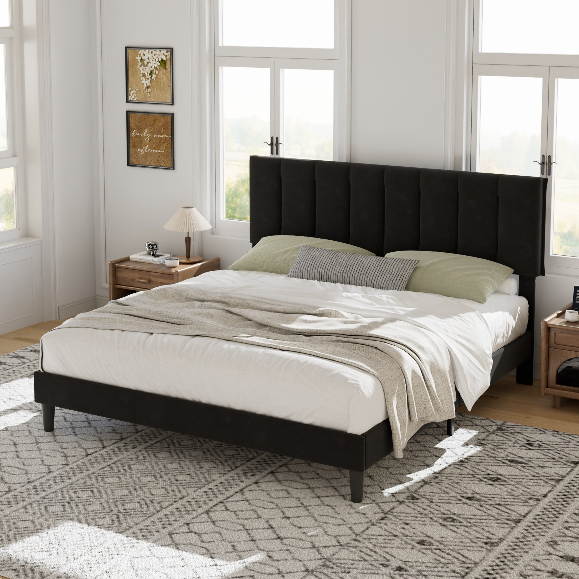 VECELO King Size Upholstered Bed Frame Black Metal Frame Bed with Adjustable Headboard Wood Slat No Box Spring Needed/Easy Assembly,Black