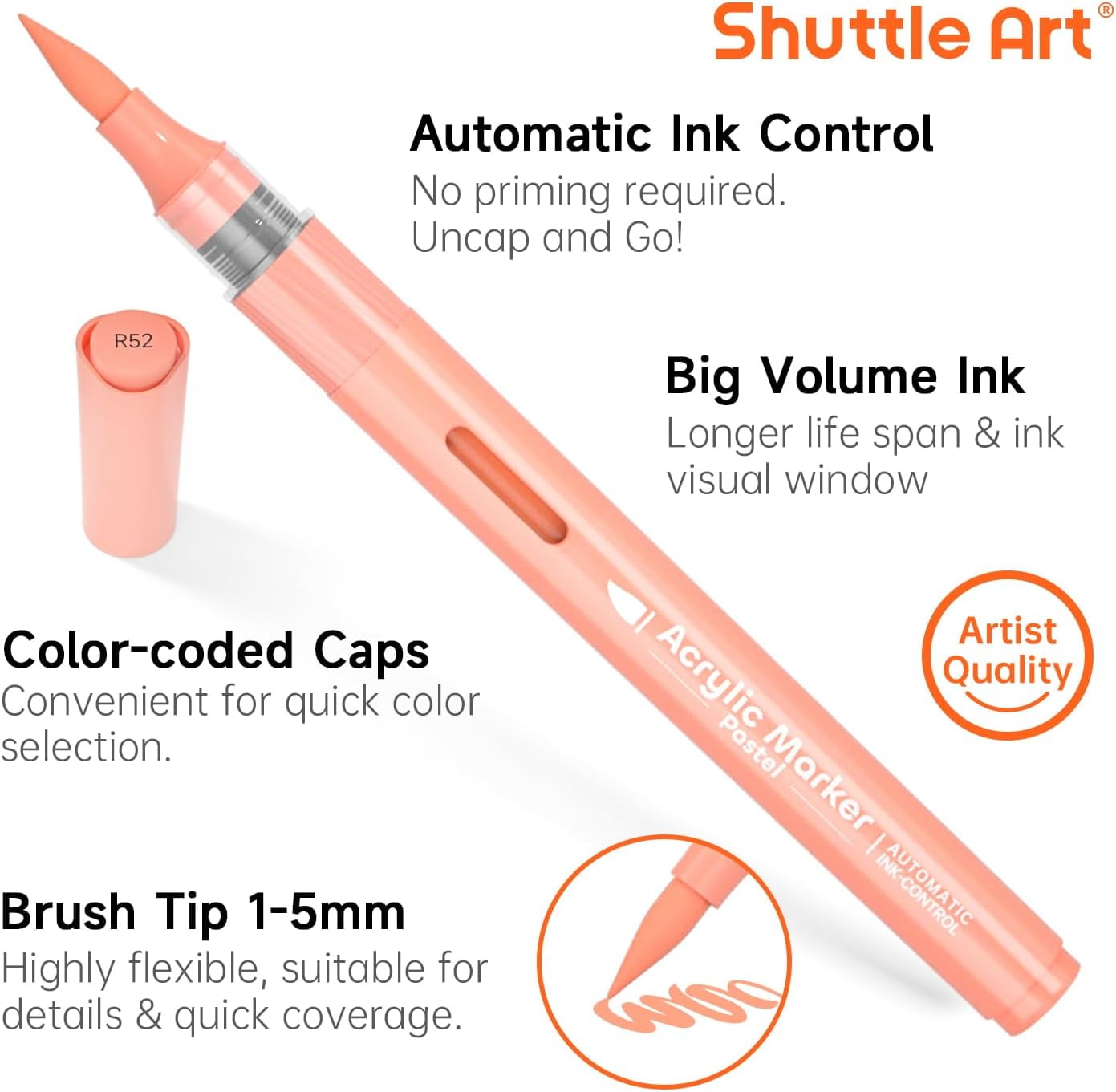 Shuttle Art Automatic Ink Control Acrylic Paint Markers, 24 Pastel Colors Brush Tip Acrylic Paint Pens for Rock Painting, Ceramic, Wood, Canvas, Glass, Stone, Fabric, Card Making