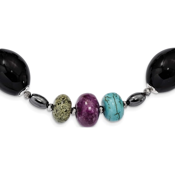 Sterling Silver Ss Blkagte/Crys/Hem/Prpl Magn./Recon.Magn./Serpen. W2inext Necklace (17.5 X 16) Made In Thailand qh5432-17.5