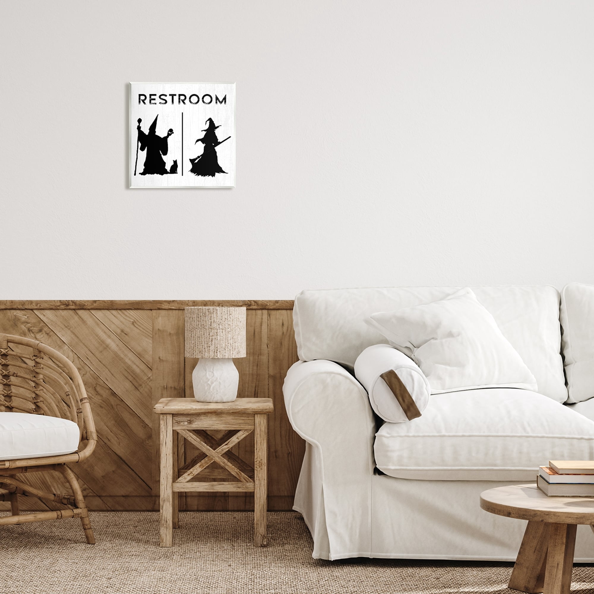 Stupell Industries Rustic Witch & Wizard Halloween Restroom Sign Graphic Art Unframed Art Print Wall Art, Design by Daphne Polselli