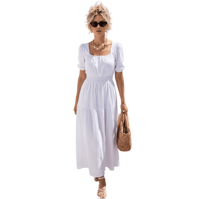 Vestido Largo para Mujer Vestido Midi Casual con Manga Corta Abullonada