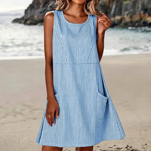 QUNYINEY A Line Sun Dresses Women Sleeveless Midi Striped Casual Tank Dress Loose Fit with Pockets Beach Crew Neck Dresses
