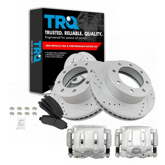 TRQ Front Performance Brake Pad & Rotor Kit Brake Caliper Brake Pads Brake Rotors Set Semi-Metallic Premium G-Coated Fits Select 2005-2012 Ford F-250 Super Duty F-350 Super Duty