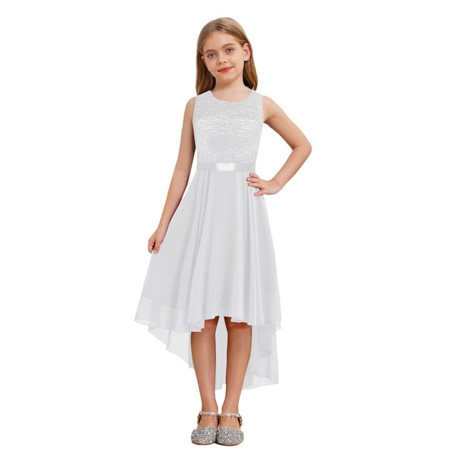 Riismen Robe de Mariage en Chiffon pour Filles, Dentelle Florale, Robe de Demoiselle d'Honneur Junior, Blanche 10