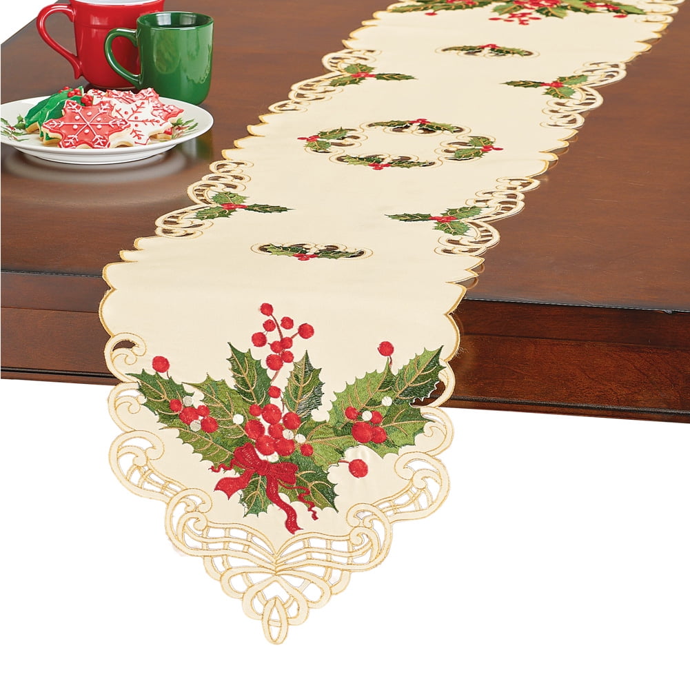 Christmas Holly Table Topper Linens, Embroidered Details and Lace