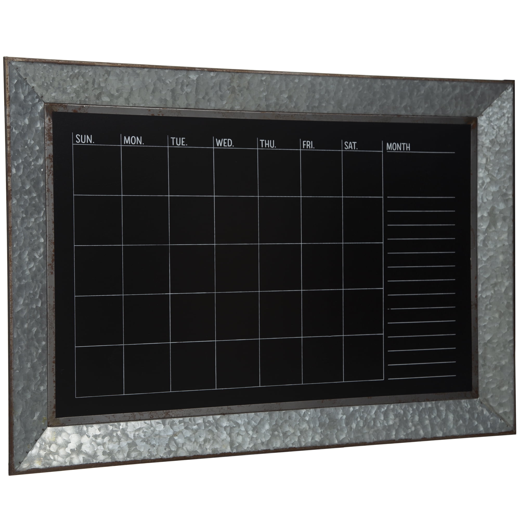 Wall Mounted Galvanized Silver Metal Dry Erase Board Calendar with Brown Wooden Frame