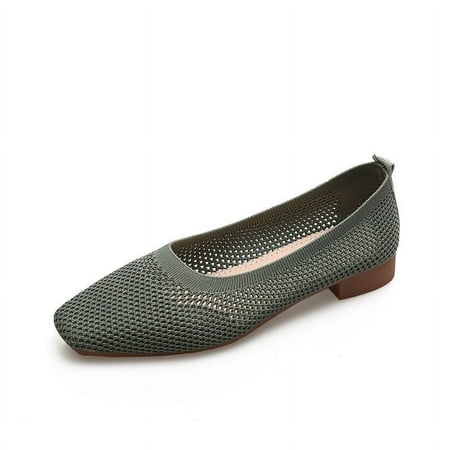 

Square toe single-layer shoes for women spring and summer new soft bottom breathable slip-on knitted mid heel breathable flying woven peas shoes