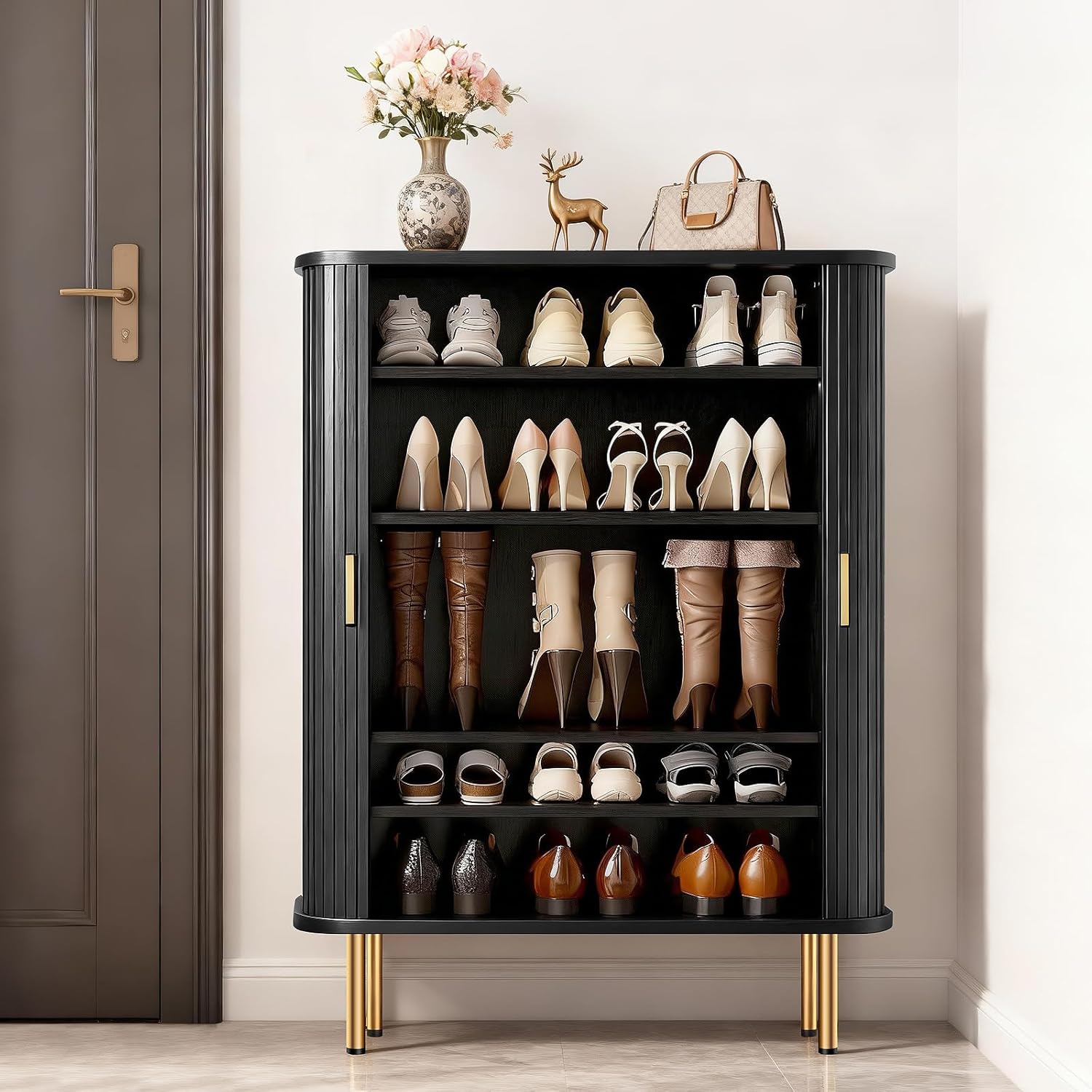 Shoe Storage Cabinet with Sliding Door, 6-Tier Shoe Cabinet with Adjustable Shelves, Mid-Century Modern Freestanding Shoe Storage Organizer for Entryway, Hallway, Living Room (Black)