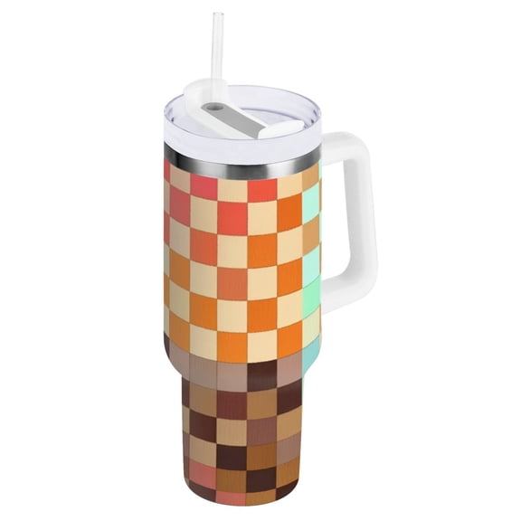 Ryvnso 40 oz Tumbler with Handle and Straw Multicolor Checkered Insulated Stainless Steel Travel Mug with Lid