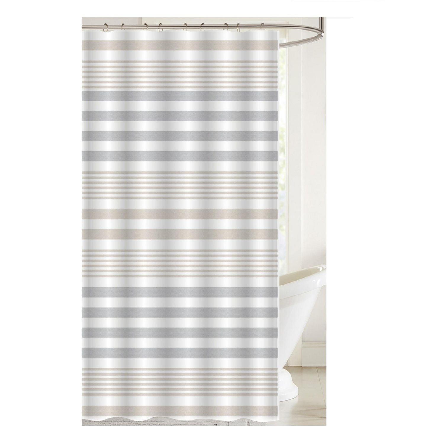 Printed Canvas Shower Curtain With Roller Hooks (Striped)