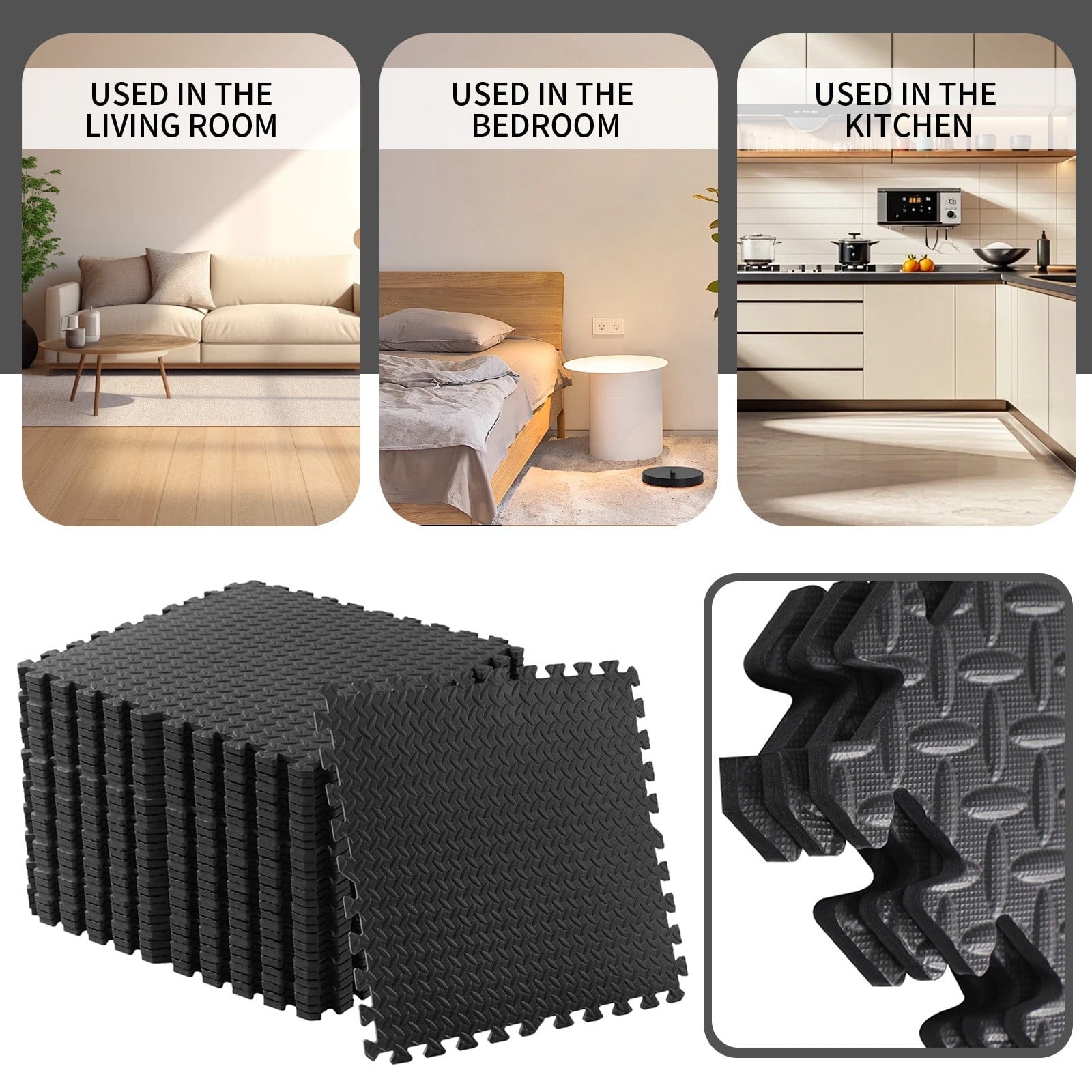 8 Pack Black Foam Floor Mats, Interlocking EVA Puzzle Tiles, 12x12 Inch Anti Fatigue Gym Mat for Home black