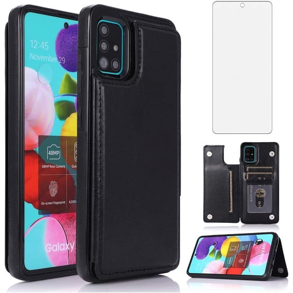 Design for Samsung Galaxy A51 5G Wallet Case,PU Leather Phone Case with Screen Protector Card Holder,Stand Shockproof Flip Protective Cover for A515g 51 51A Women Men 6.5 inch Black