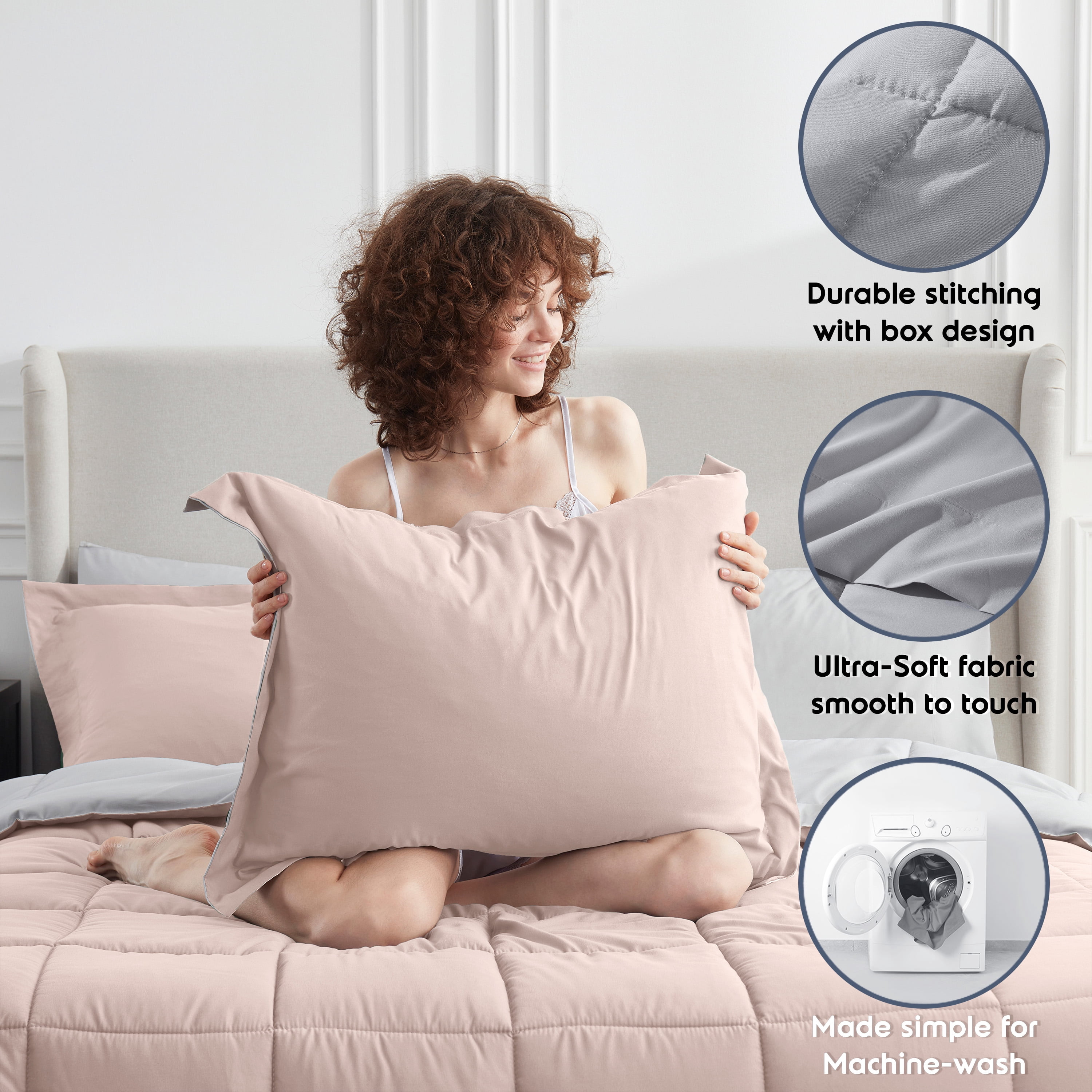 LammaLoe King Comforter Set, With King Sheets, Reversible Bed In A Bag 7 Piece, Bedding Set, Peach Beige