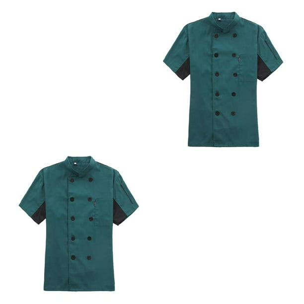 Monstrate Chef Coat Women Short Sleeve Cook Cooking Wear Chic Uniform Work Skin-friendly Costumes Jacket for Restaurant Hotel Cafe Kitchen Verde oscuro 3XL 2Conjunto