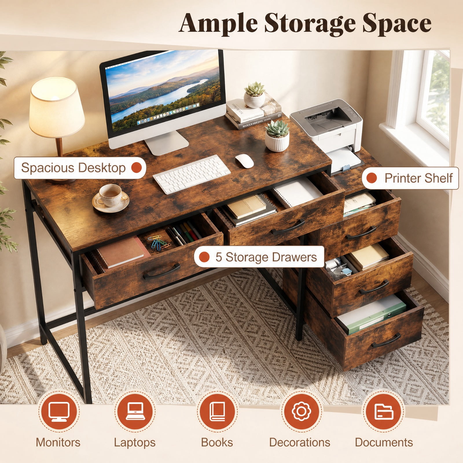 Furnibear Computer Desk with 5 Drawers and Printer Stand for Bedroom and Small Spaces for Home Office Study Computer Writing Workstation, Rustic Brown