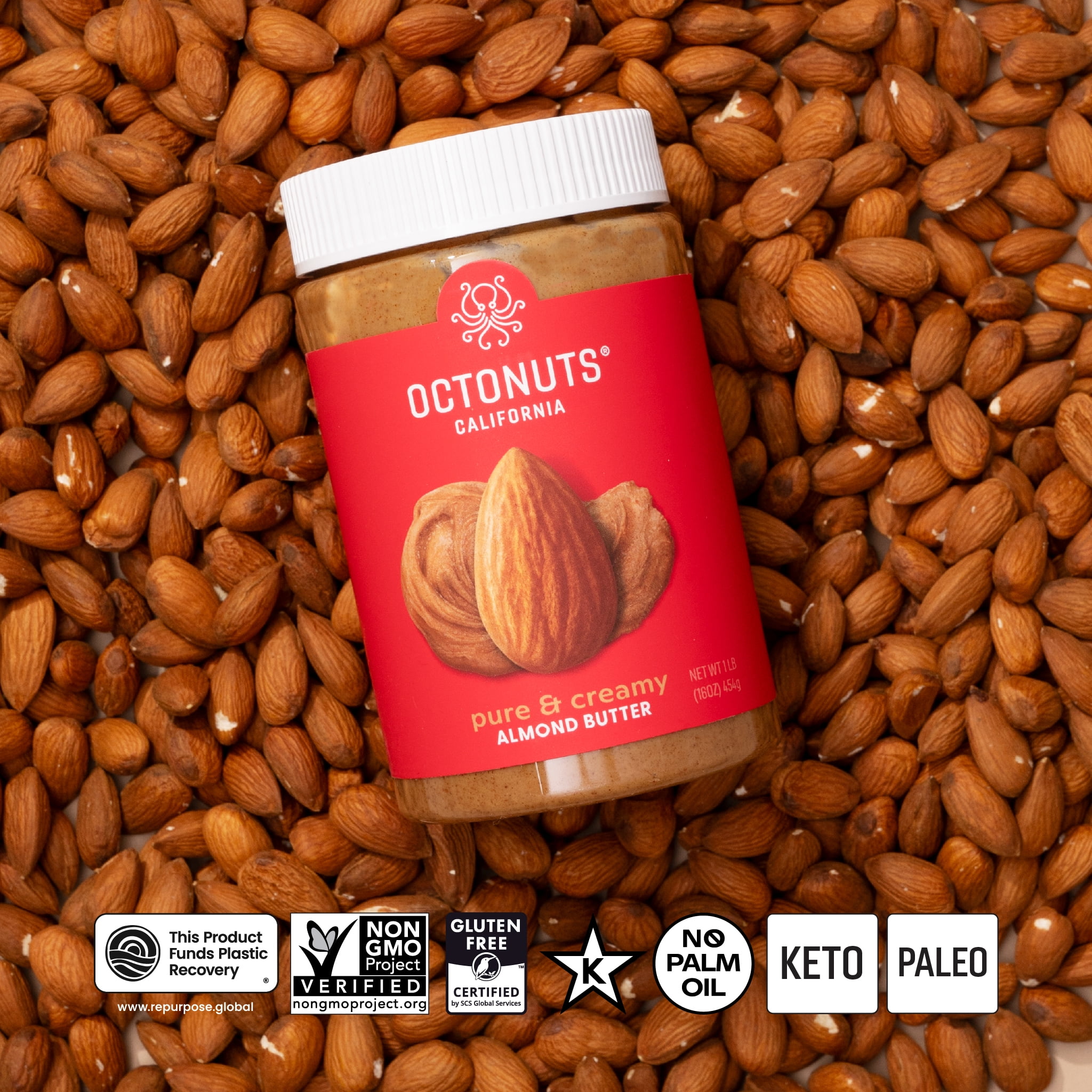 (2 pack) Octonuts Dry Roasted Almond Butter 16oz - Pure Creamy Nut Butter - Heart Healthy and Delicious - Gluten Free, Vegan, Kosher, Paleo, Non-GMO Nut Butters Single Ingredient