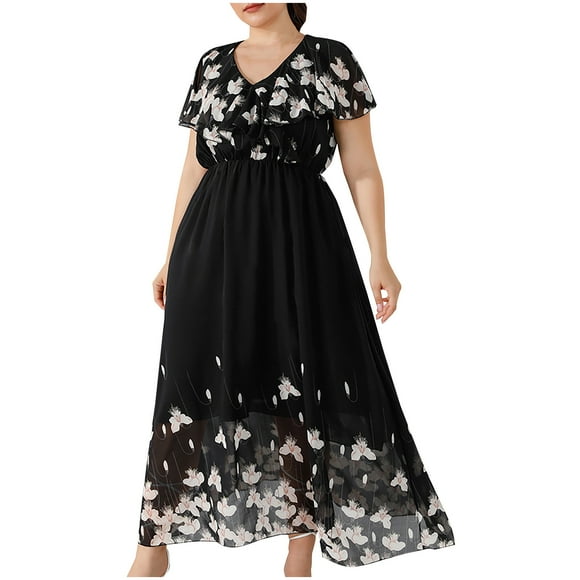 Floral Chiffon Formal Dresses for Women Plus Size Ruffle Flowy High Waist Dress Wedding Guest Cocktail Evening Gowns Black, XL