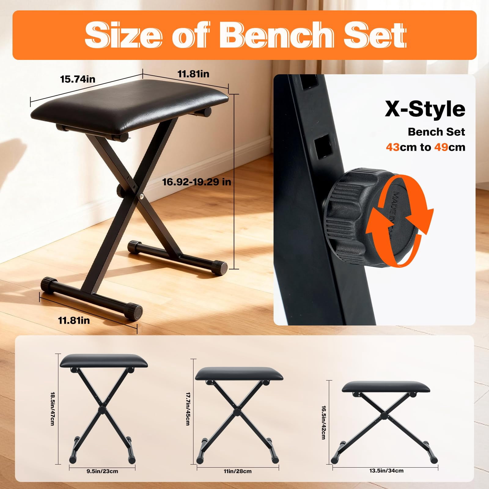 Keyboard Stands And Bench Set 7 Adjustable Heights Double-x Stand Portable Piano With Locking Straps Fits For 54-88 Key Digital Pianos(9.84-29.92inch)