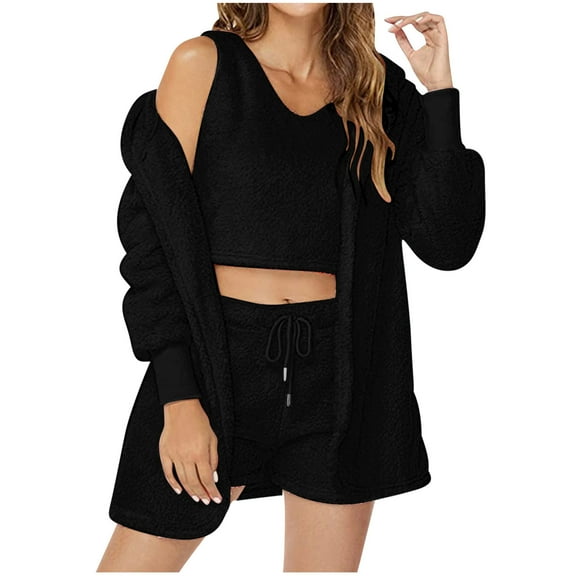 yievot Women Fuzzy Fleece Pajama Sets 3 Piece Outfit Hooded Cardigan Outwear Sleeveless Crop Tops Shorts Lounge Set