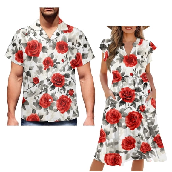 Uorisanigo Red Rose Matching Couple Outfits Valentine's Day Husban and Wife Clothing Men's Short Sleeve Shirt Hawaiian Shirts and Womens Summer Midi Dress Soft Party Dresses Size 2XS