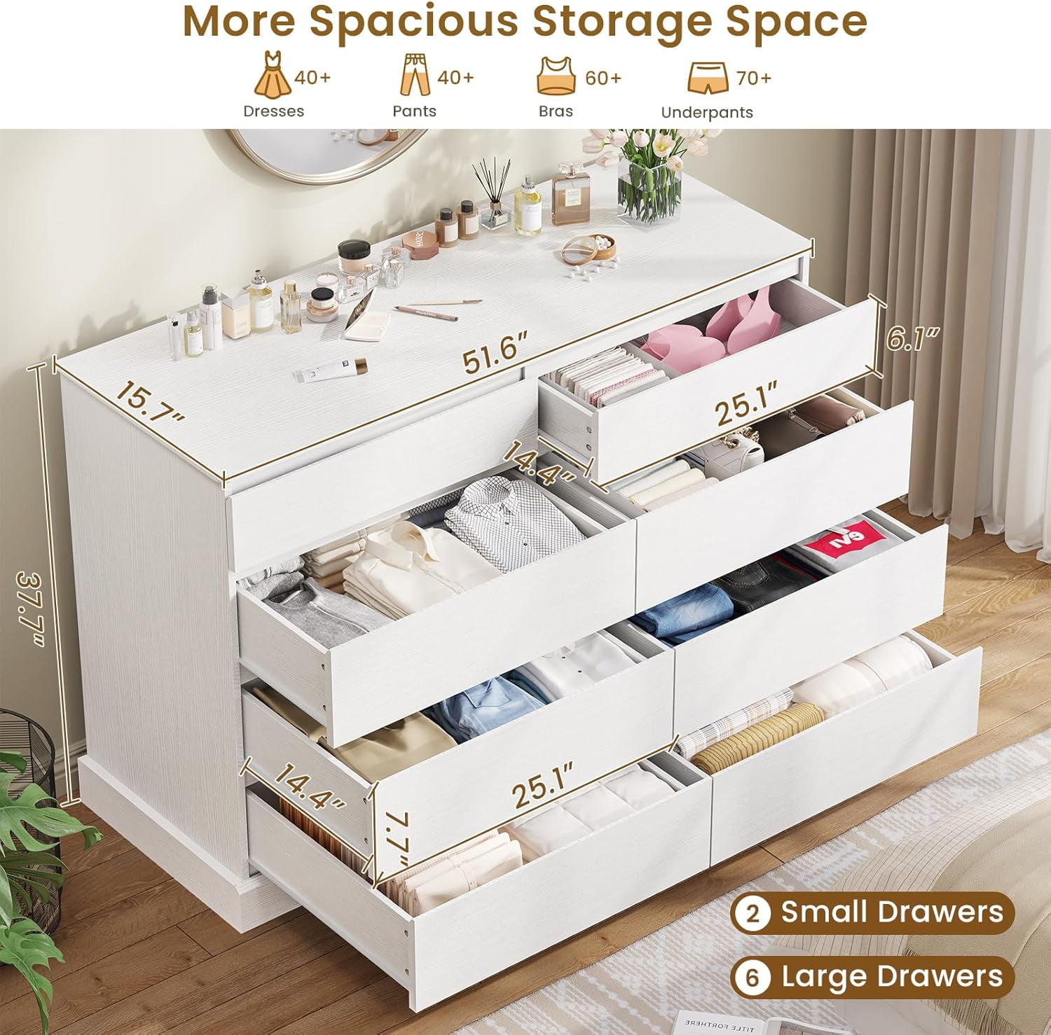 White Dresser with 8 Drawers for Bedroom Wide Chest of Drawers for Living Room, Large Capacity Clothing Storage Cabinet, 51.5''W Wooden Dresser for Entryway