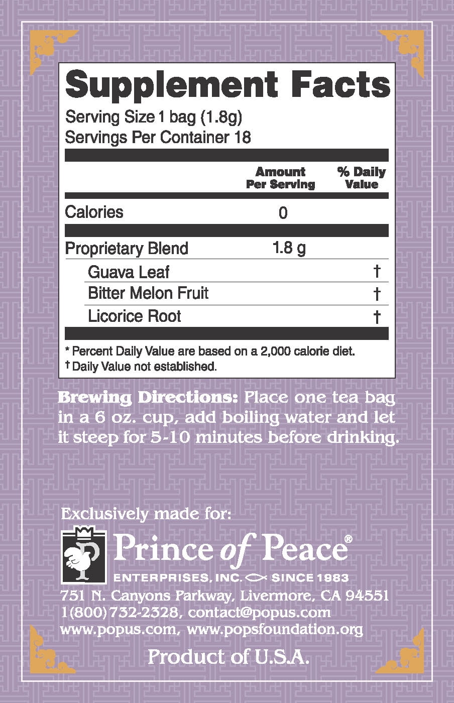 Prince of Peace Blood Sugar Herbal Tea, 18 Count Box, All Natural, Caffeine Free, Dietary Supplement