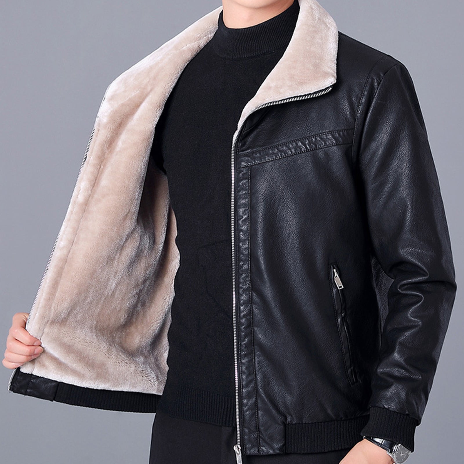 Brown Leather Jacket Men Fashion Fleece Turn-Down Collar Jacket Moto Biker Coat Retro Bomber Faux Leather Outerwear