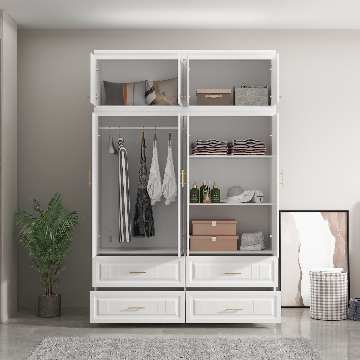 TrendTerrace 4-Door Armoire Wardrobe Closet Cabinet, Tall Cabinet Closet  Wardrobe for High Storage Capacity, Wooden White Cabinet Closet with 2