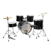 Hassch Full Size Adult Drum Set 5-Piece Black With Bass Drum, Two Tom Drum, Snare Drum, Floor Tom, 16 Ride Cymbal, 14 Hi-Hat Cymbals, Stool, Drum Pedal, Sticks