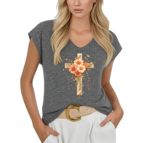 Cozymy Women's Vintage Floral Cross V-Neck Sleeveless Tee Soft Walk By Faith Christian Graphic T-Shirt