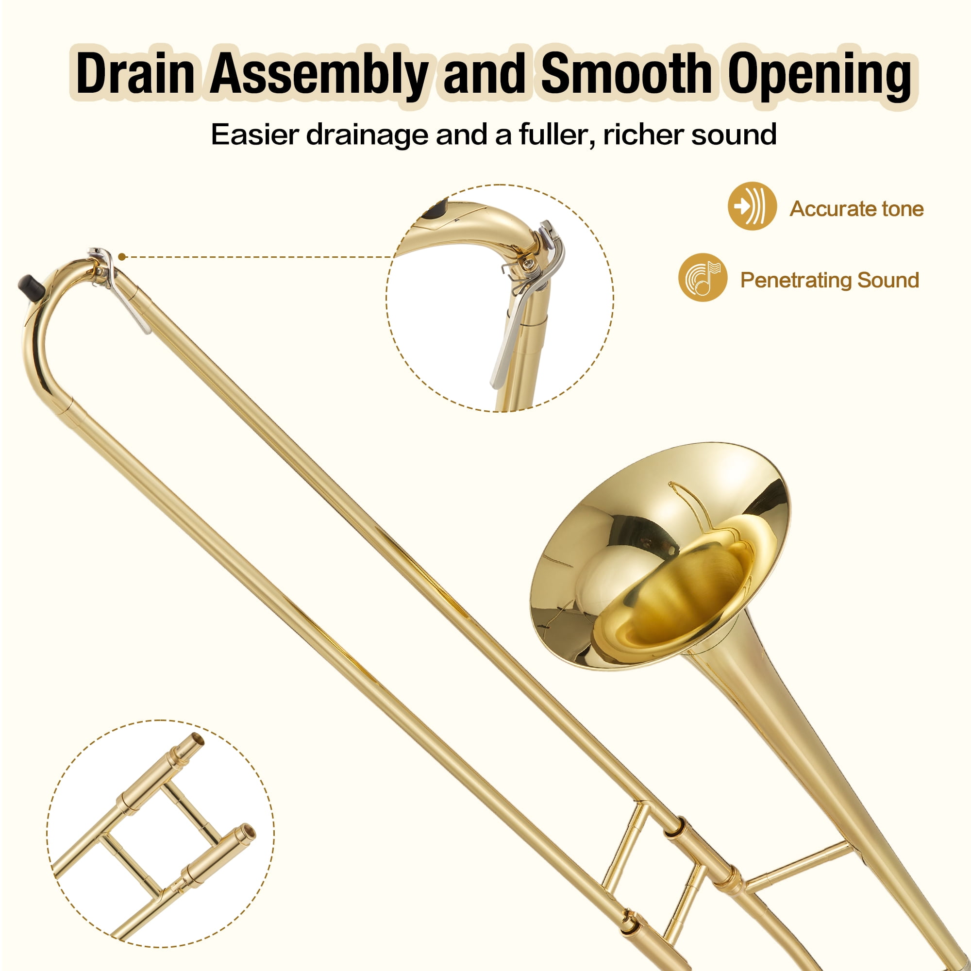 Bb Tenor Slide Trombone, B Flat Brass Plated Trombone Instrument for Students with Tuner, Music Book, Hard Case, Mouthpiece, Cleaning Kit & Gloves (Gold)