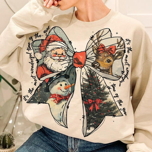 It's the most wonderful time of the year Sweatshirt, Santa Claus Sweatshirt, Vintage Christmas Sweatshirt, Christmas Coquette bow Sweatshirt, Reindeer snowman Sweatshirt