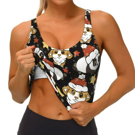 Qokaie Cute Dog Panda Pattern Womens Scoop Neck Sports Bra Breathable Workout Vest Padded U Back Medium Impact Fitness Gym Yoga Bra Workout Crop Top