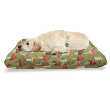 Mushroom Pet Bed, Repetitive Autumn Forest Elements Abstract Graphic Various Fungus Pattern, Chew Resistant Pad for Dogs and Cats Cushion with Removable Cover, 24" x 39", Multicolor, by Ambesonne