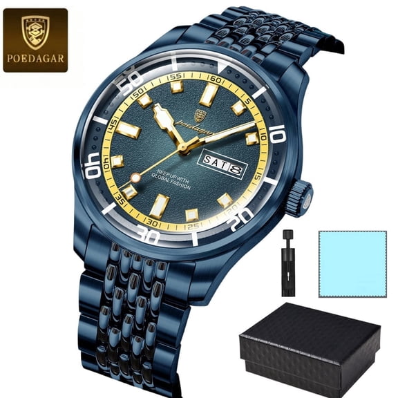 POEDAGAR Men Stainless Steel Quartz Watch Luxury Military Casual Wrist Watch with Luminous Hands Date Week Display Hardlex Crystal Waterproof Dress Wristwatch with Gift Box