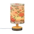 thumbnail image 2 of WOBOGO Red and Green Floral Pattern Bedroom Table Lamp USB Power Connector Wooden Base Round Linen Shade For Living Room Desk, 2 of 7