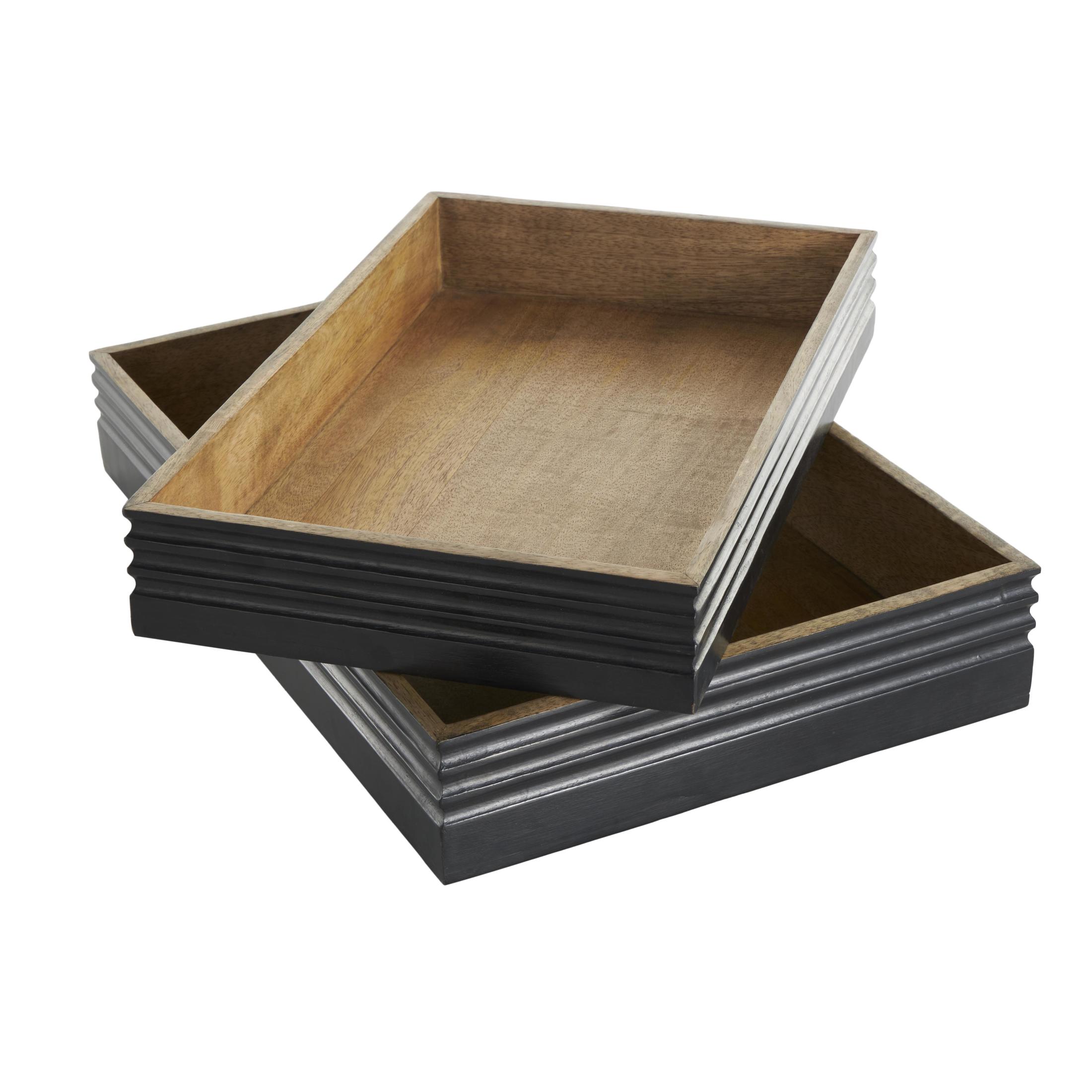 DecMode 18", 16"W Brown Mango Wood Handmade Tray with Black Groove Exterior, 2-Pieces