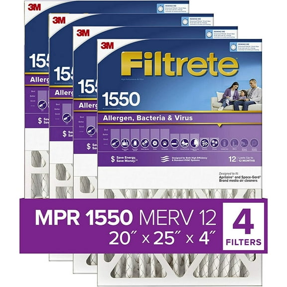 Filtrete Healthy Living AC Furnace Air Filter MPR 1550 DP - 4 Pack, 20x25x4 Slim Fit