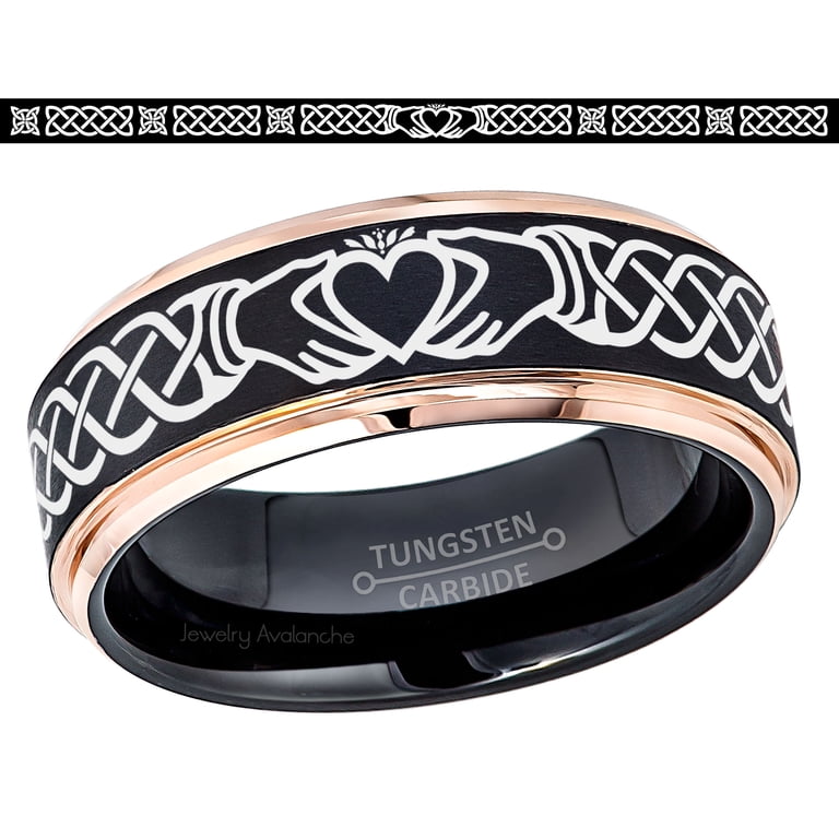 Jewelry Avalanche Celtic Claddagh Tungsten Ring - 8mm 2-Tone Black & Rose Gold Comfort Fit Wedding Band | Cobalt Free
