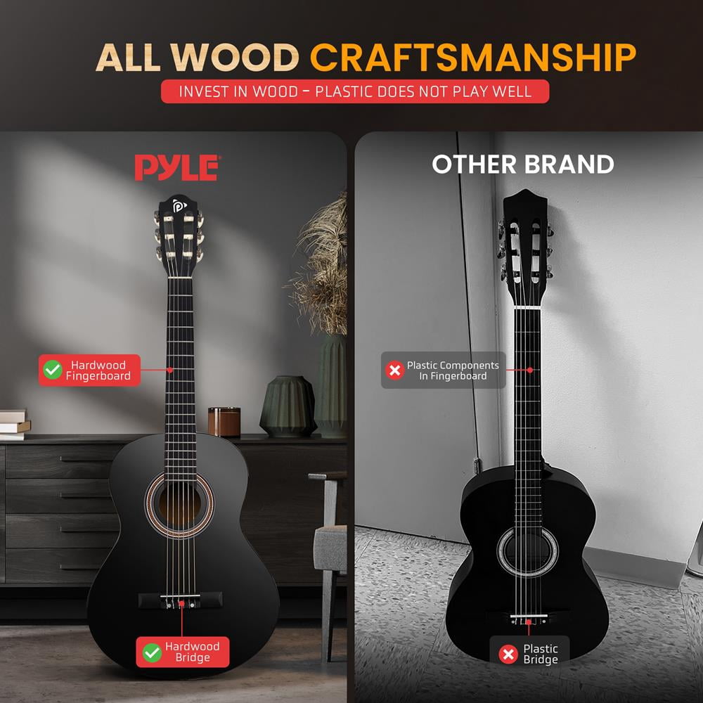 Pyle 34" 1/2 Size Classical Guitar Starter Kit – All Wood Nylon String Instrument with Capo, Gig Bag, Strap, Extra Strings & Picks, Black Gloss
