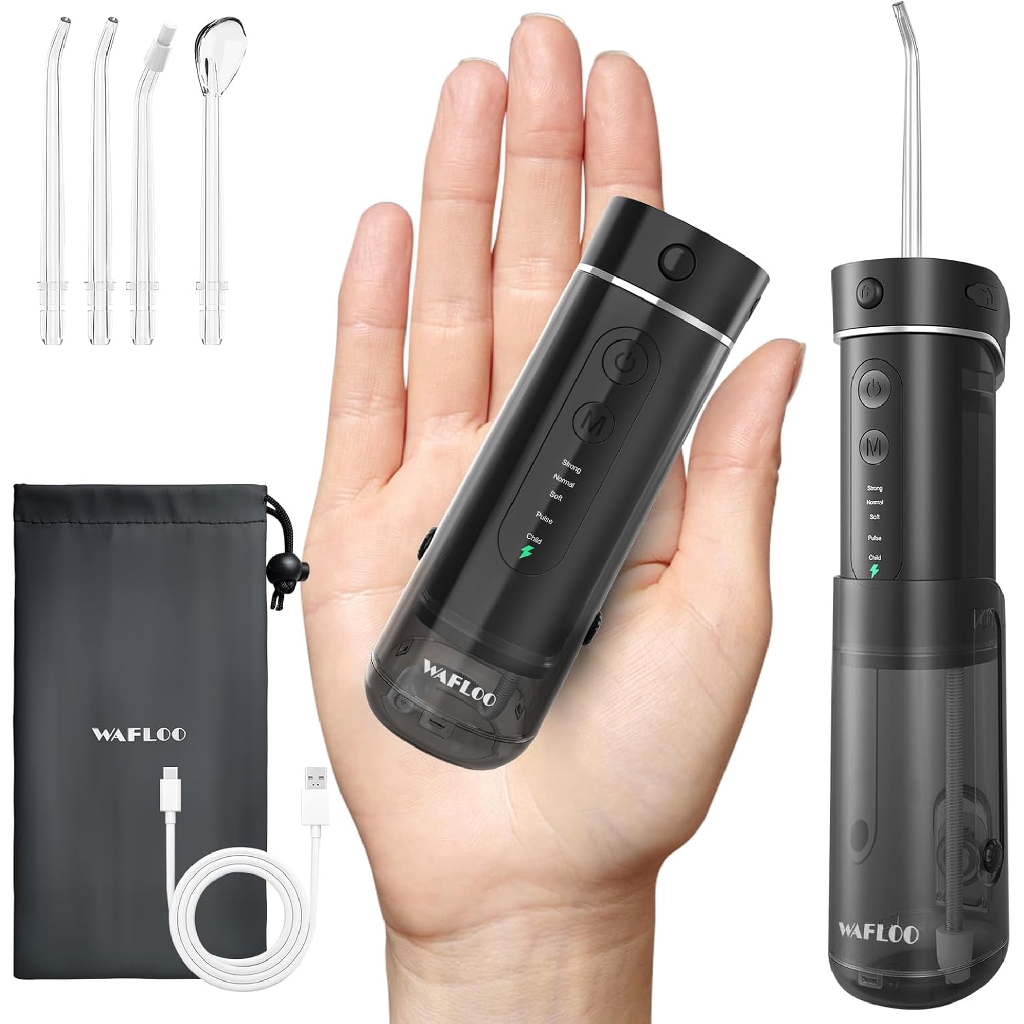 Water Flosser Travel Mini Cordless Portable: 5 Modes Water Dental Floss with Telescopic Water Tank, 4 Tips, IPX7 Waterproof Rechargeable Mini Dental Electric Teeth Pick, Black