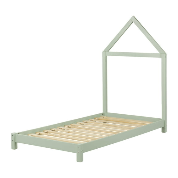 South Shore Sweedi, Scandinavian Twin Bed with House Frame Headboard, Sage Green
