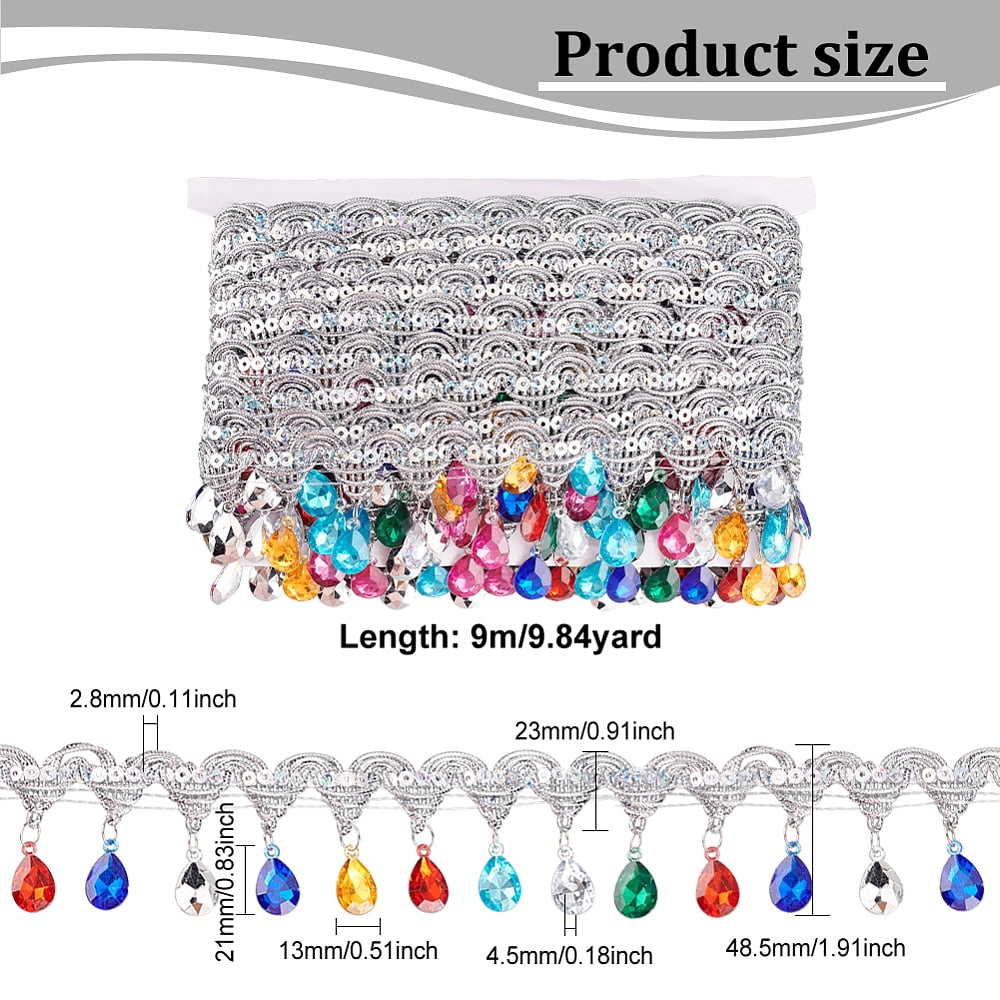 9.8Yard 9m Hanging Beads Fringe Lace Wide Rhinestone Ribbons Silver Sequins Ribbon with Colorful Rhinestone Fringe Trim Polyester Sewing
