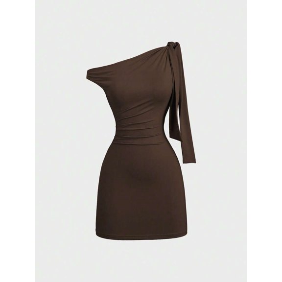 Brown Womens One Shoulder Ruched Bodycon Mini Dress With Tie Detail