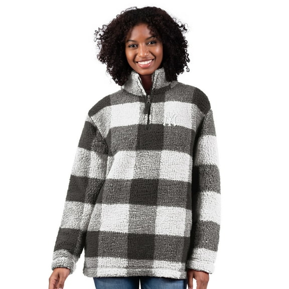 Women's-G-III 4Her by Carl Banks Gray New York Yankees 24/7 Plaid Quarter-Zip Sherpa Jacket