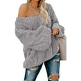 thumbnail image 1 of Women's Off Shoulder Long Sleeve V-Neck Ribbed Cable Pullover Sweaters Loose Fitting Jumper Tops, 1 of 6