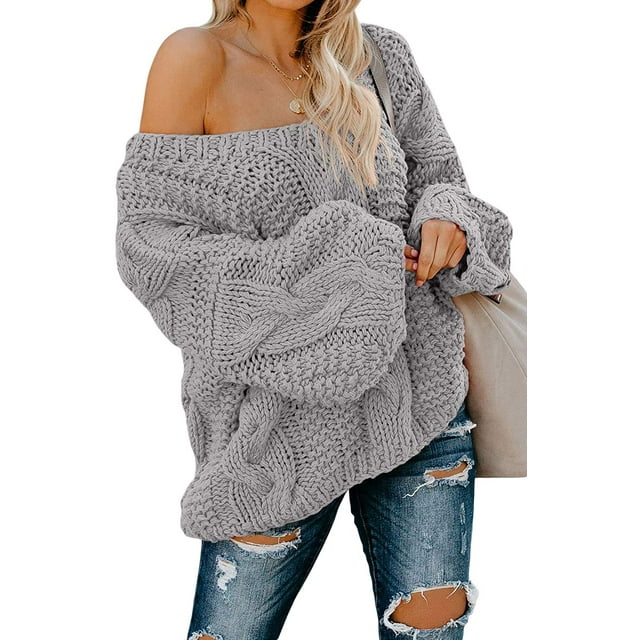 Women's Off Shoulder Long Sleeve V-Neck Ribbed Cable Pullover Sweaters Loose Fitting Jumper Tops