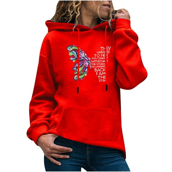 Fesfesfes Women Hooded Printed Pattern Long-sleeved Round Neck Pullover Hooded Sweatshirt Tops on